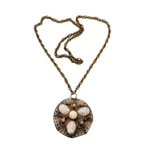 Vintage MCM Geometric Resin Bead Modernist Brutalist Copper Metal 30" Necklace